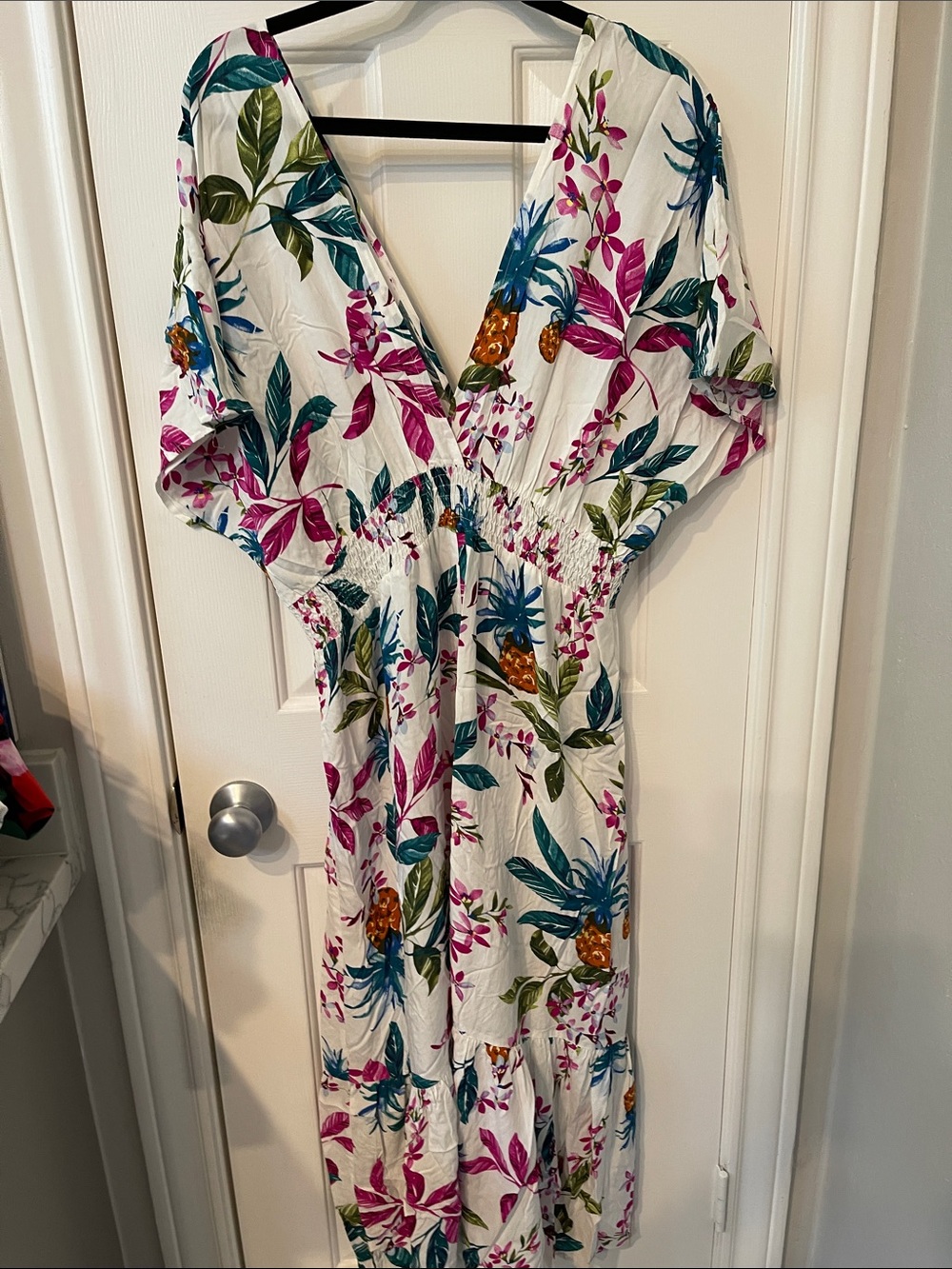Floral V-Neck Smocked Waist Midi Dress - White with Pink & Green - Picture 4 of 4